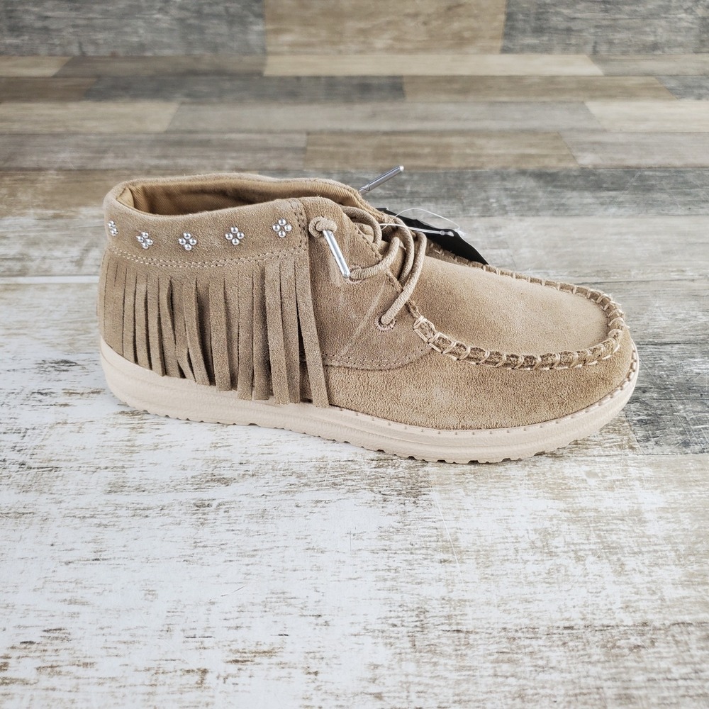 Hey Dude Wendy Mid Fringe Cowgirl Suede Womens Loafer Shoes Sz 7 Tan Slip On